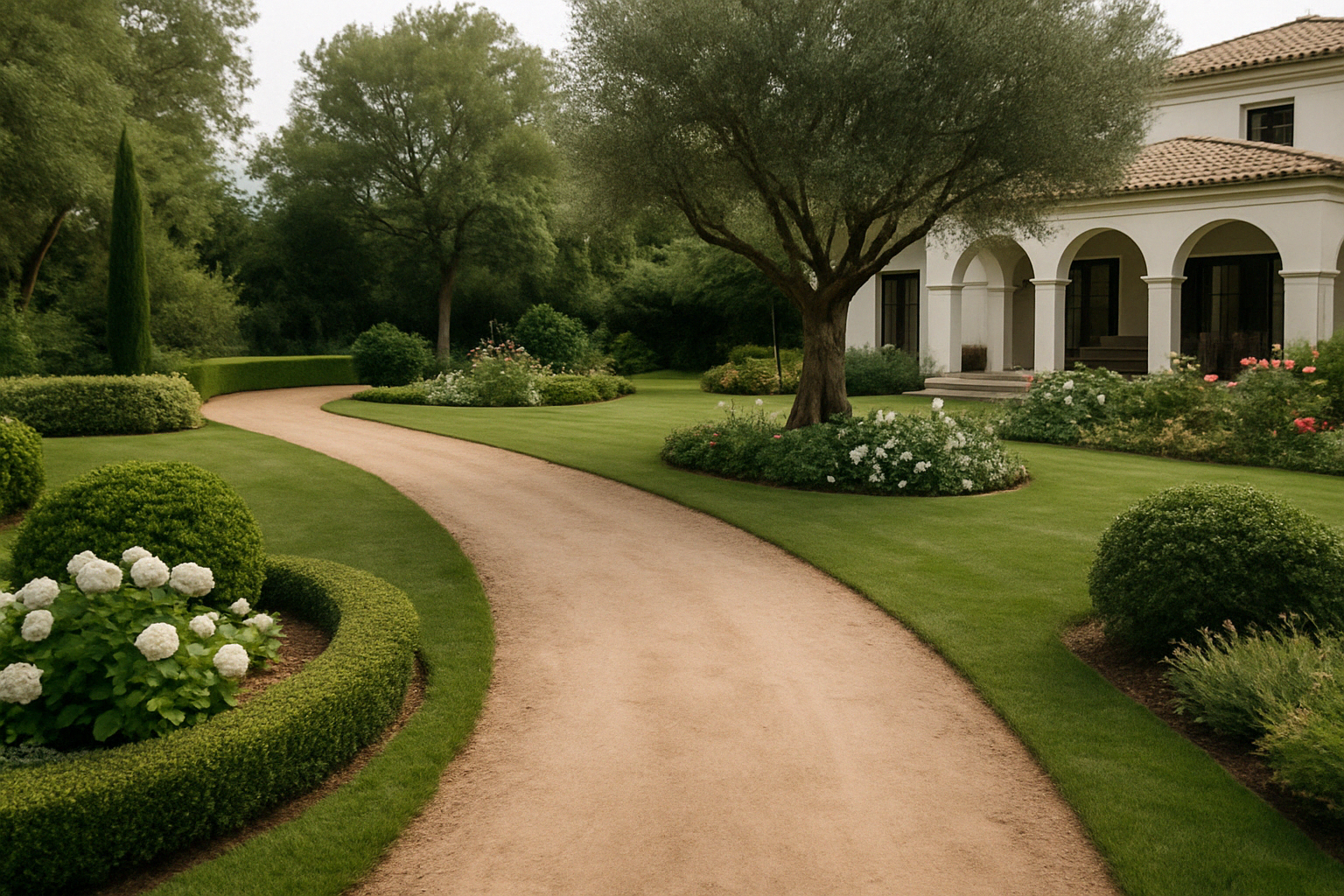 Un sinuoso camino de grava conduce a una casa de estuco blanco con entrada arqueada, césped verde exuberante y arbustos cuidadosamente podados.