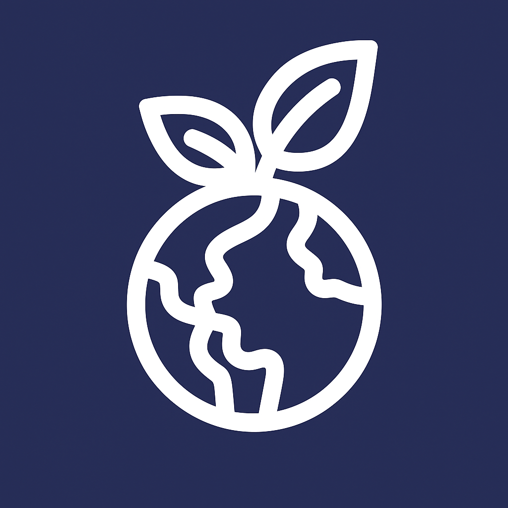 Contorno blanco de la Tierra con hojas sobre un fondo azul oscuro, que representa la sostenibilidad.