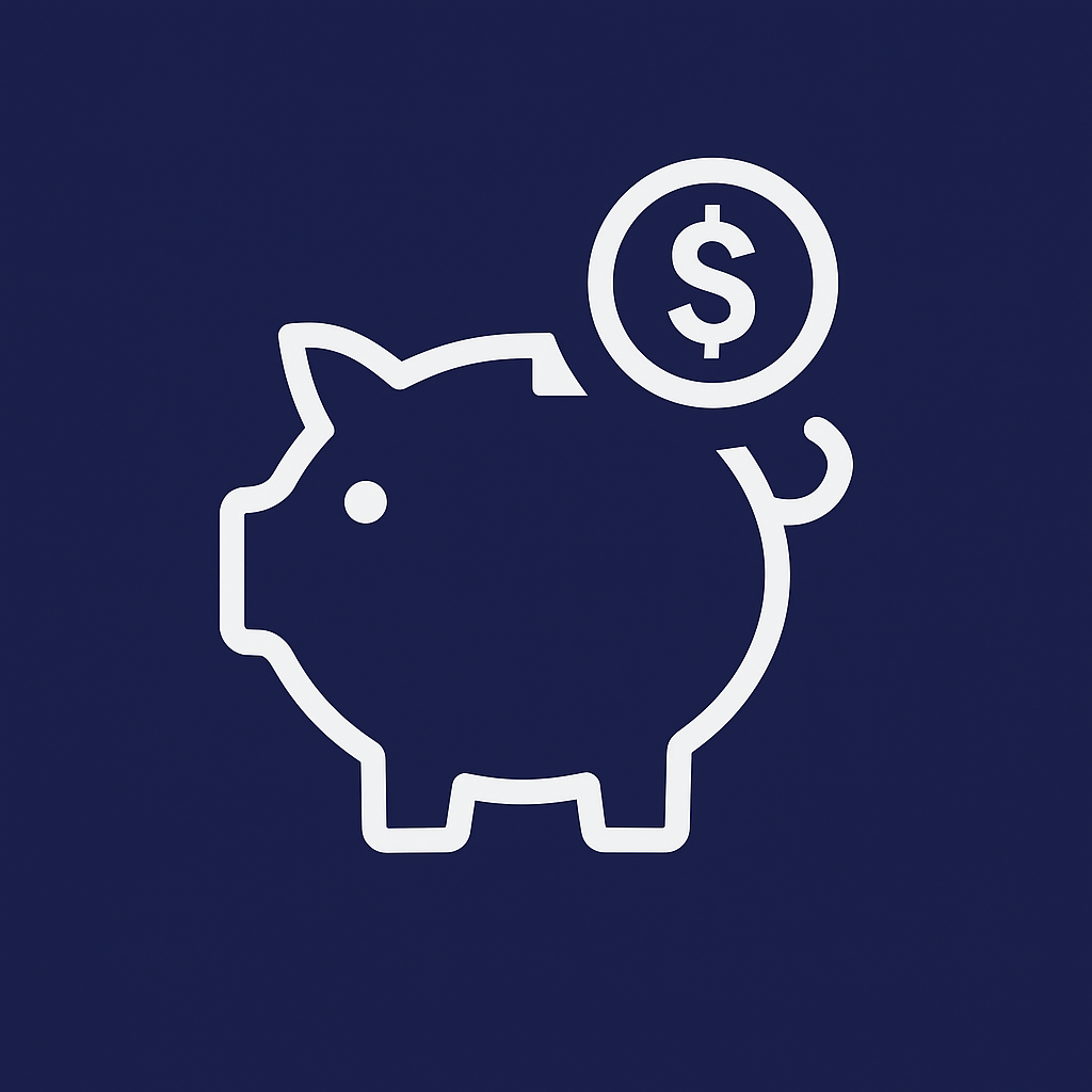 Contorno blanco de una alcancía con una moneda que representa un signo de dólar sobre un fondo azul oscuro.