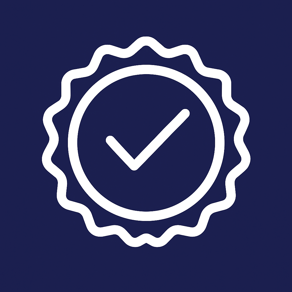 Marca de verificación blanca dentro de un círculo con borde blanco, rodeada por un borde festoneado blanco sobre un fondo azul oscuro.
