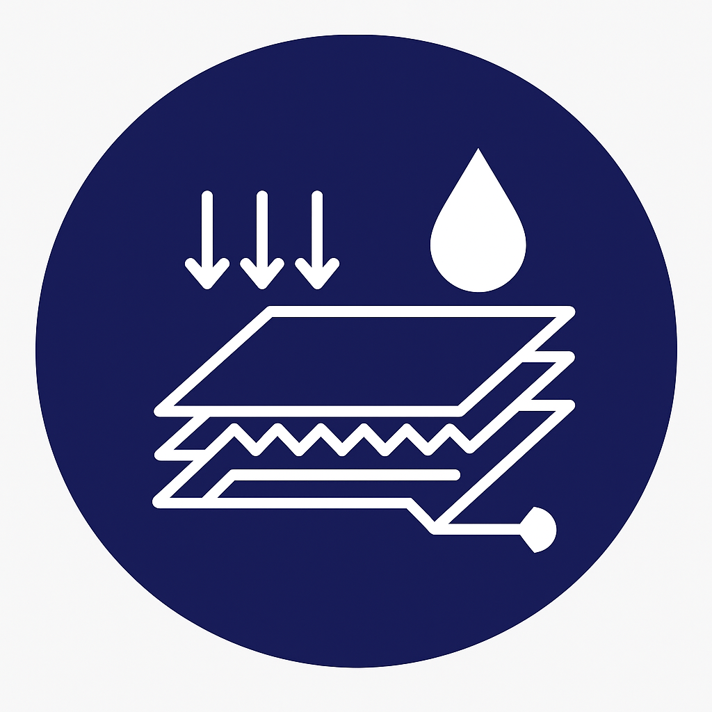 Círculo azul con capas, flechas y una gota de agua, que indica protección impermeable.