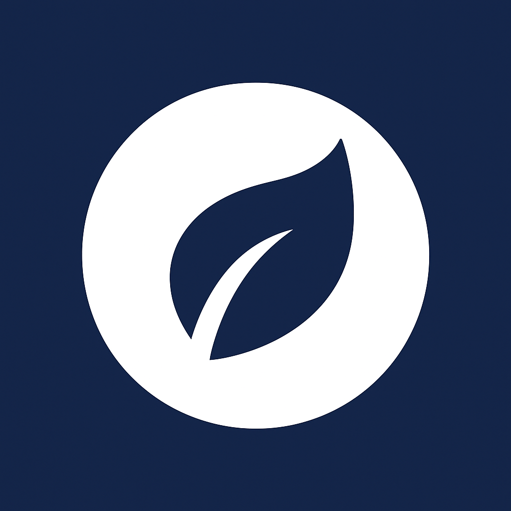 Hoja blanca dentro de un círculo blanco sobre un fondo azul oscuro.