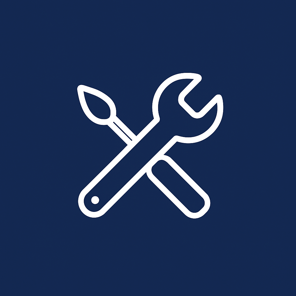 Pincel blanco y llave inglesa cruzados sobre fondo azul oscuro.