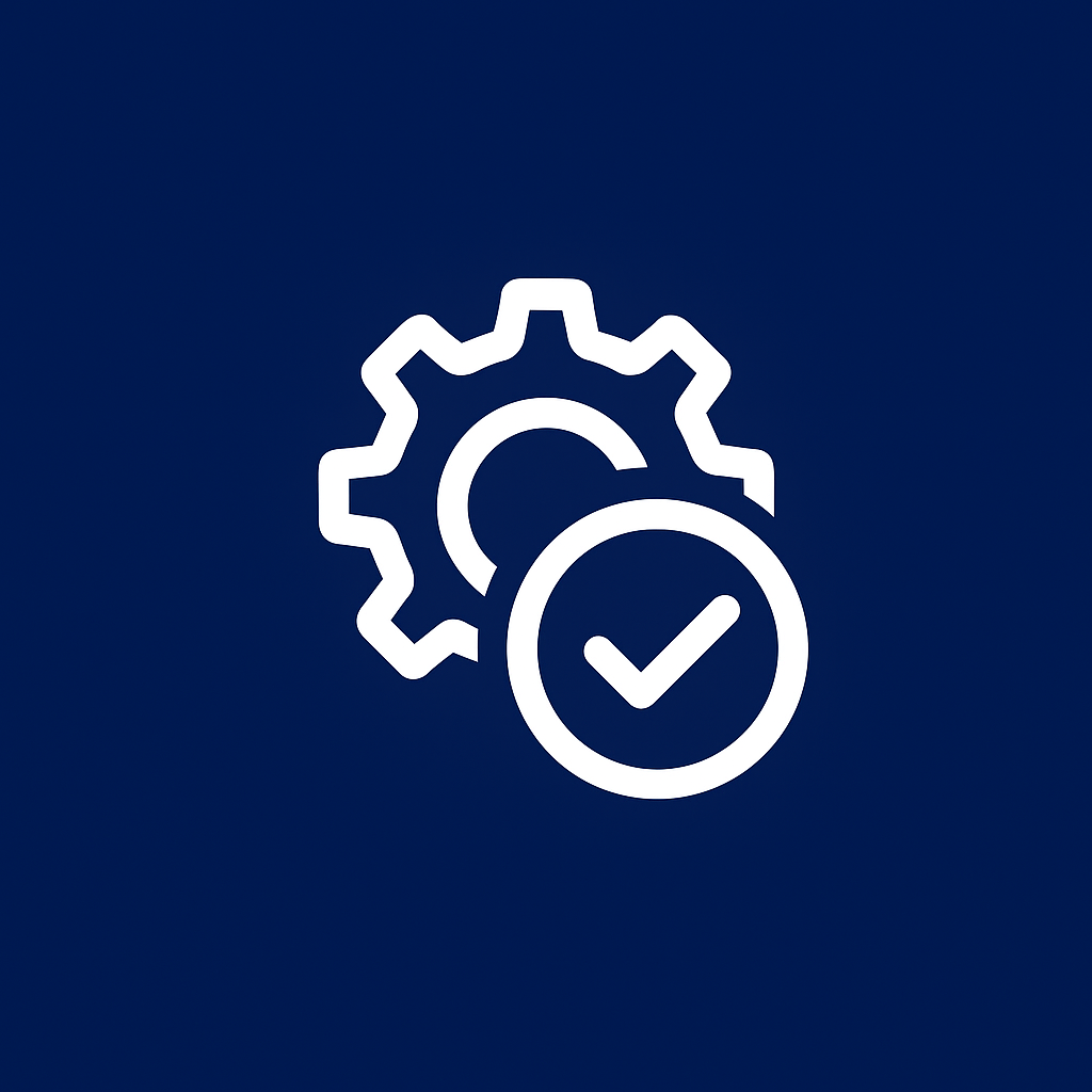 Icono de engranaje blanco y marca de verificación sobre un fondo azul oscuro, que indica que la configuración está completa.