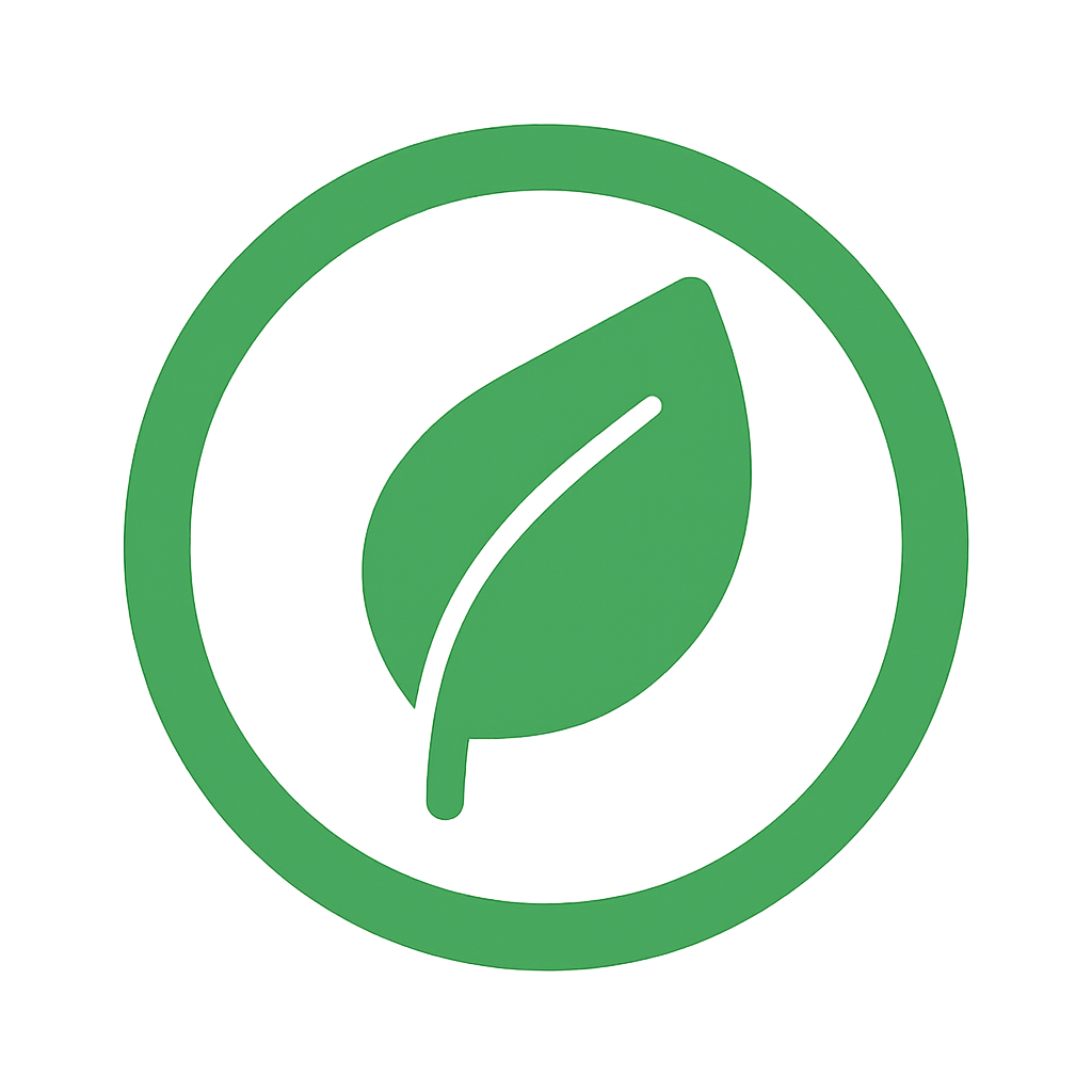 Hoja verde dentro de un círculo verde, símbolo de la naturaleza o prácticas ecológicas.