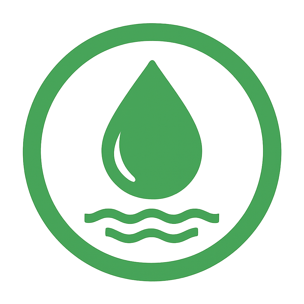 Gota de agua verde sobre líneas onduladas dentro de un círculo.