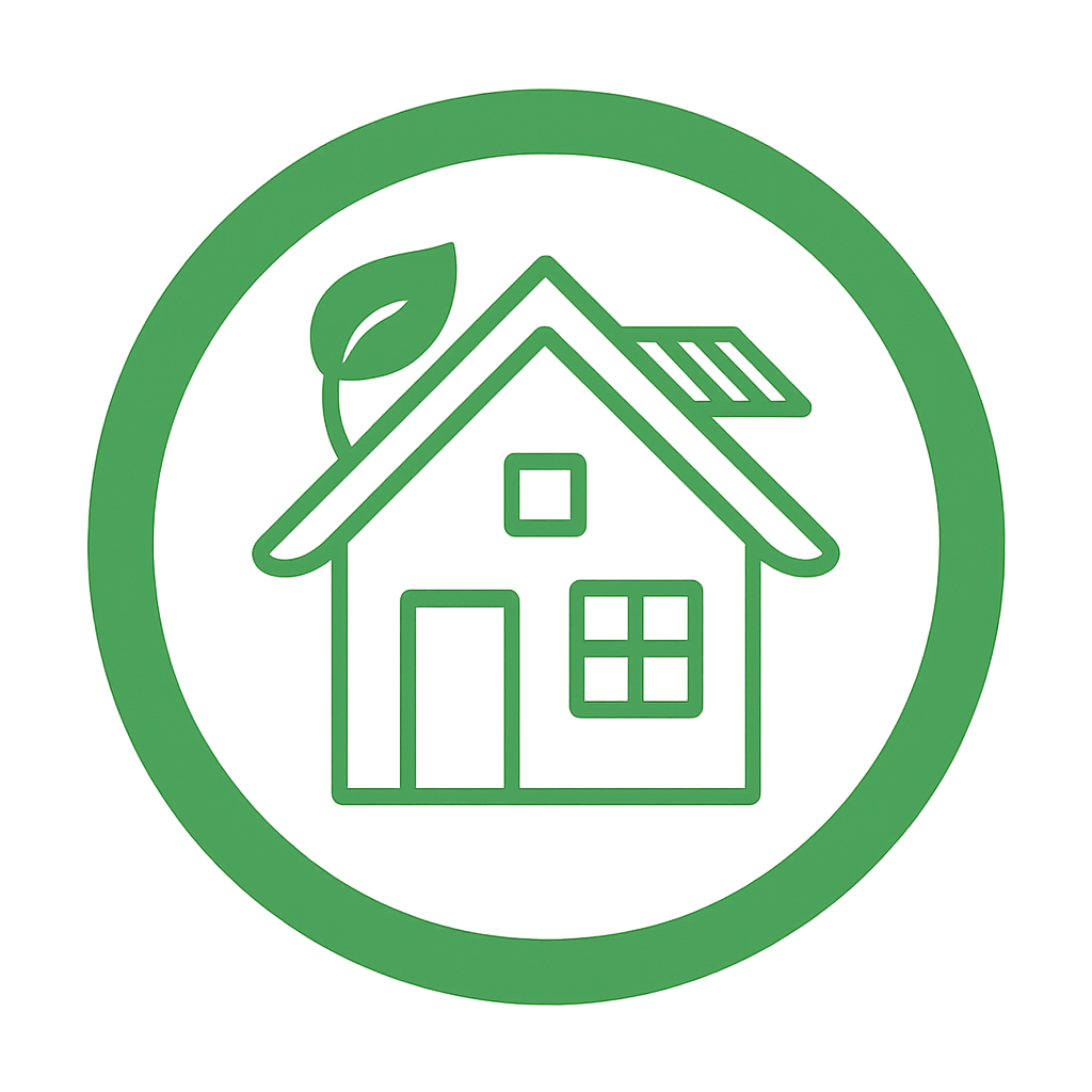 Icono de casa verde con panel solar y hoja, dentro de un círculo.