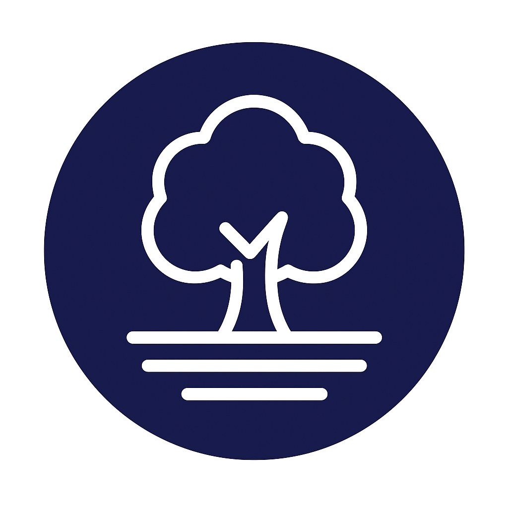 Contorno blanco de un árbol con tres líneas horizontales, sobre un círculo azul oscuro.