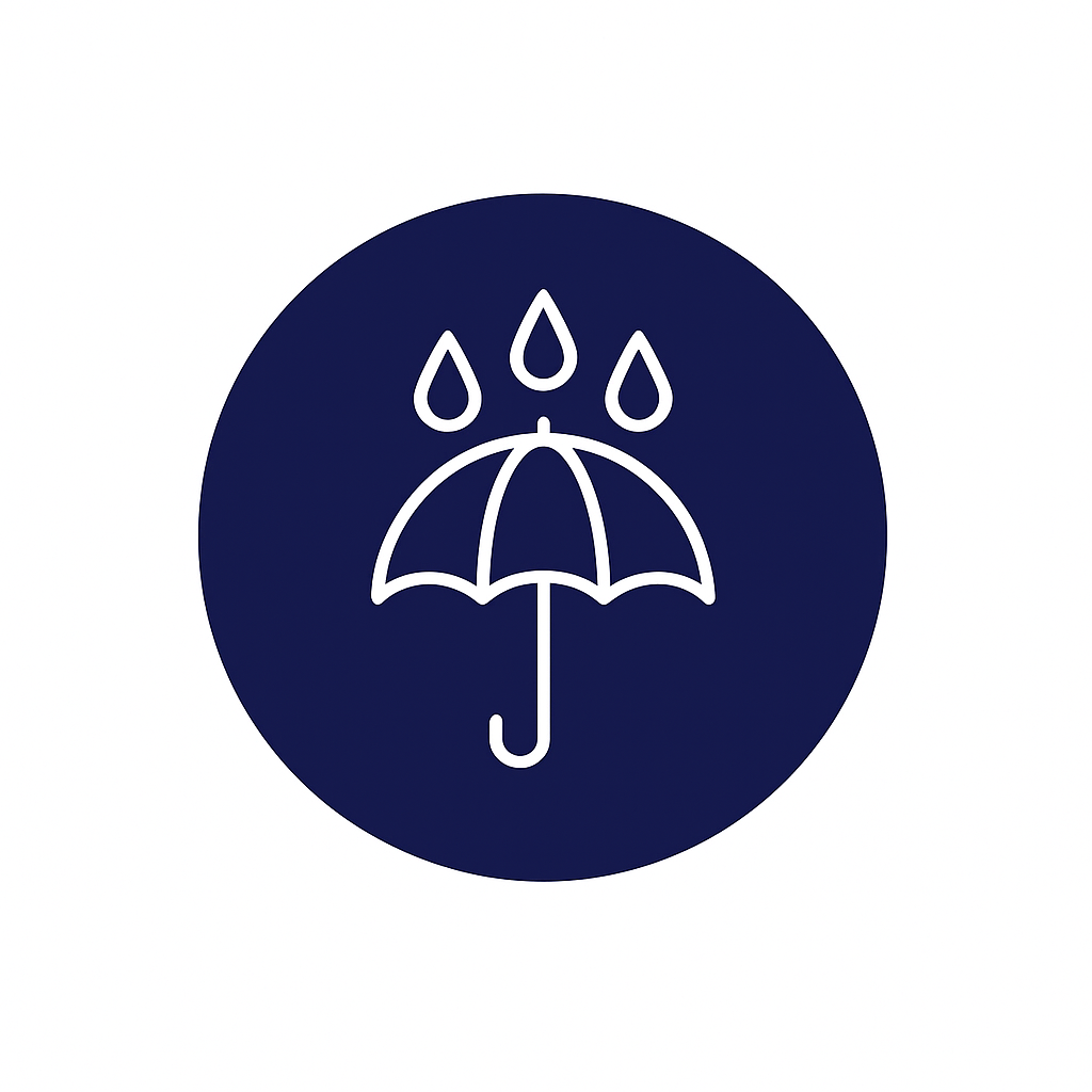 Círculo azul con paraguas blanco y gotas de lluvia, que indica protección contra la lluvia.