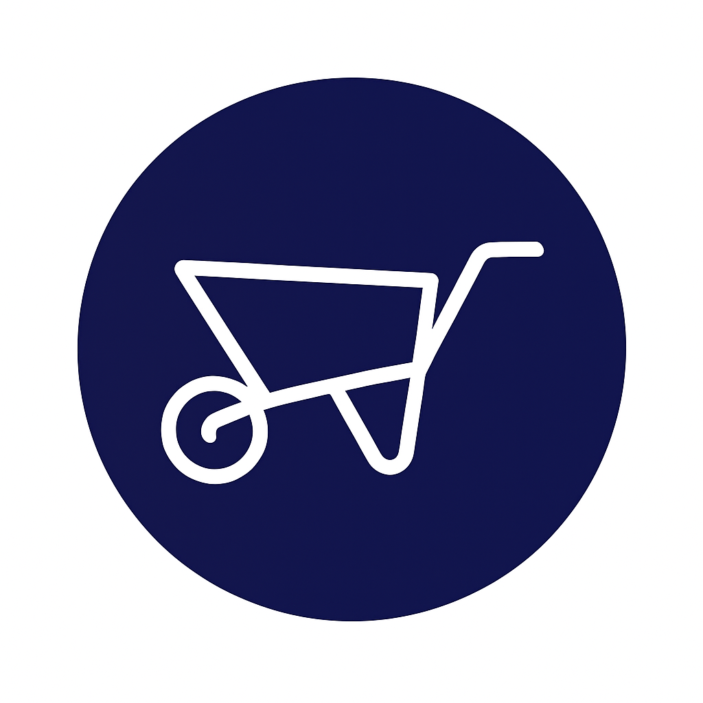 Icono de carretilla blanca en un círculo azul oscuro.