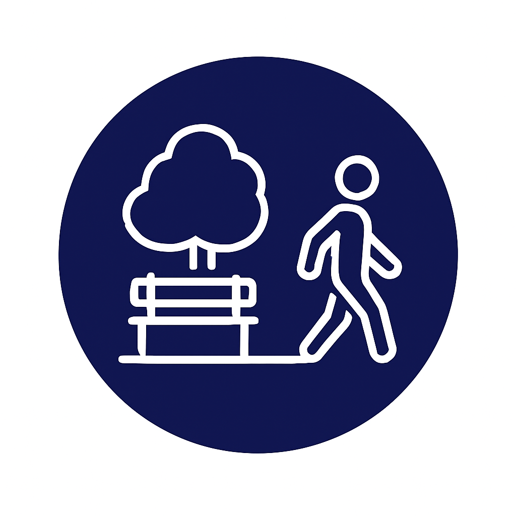 Círculo azul con un contorno blanco de una persona caminando junto a un banco y un árbol del parque.