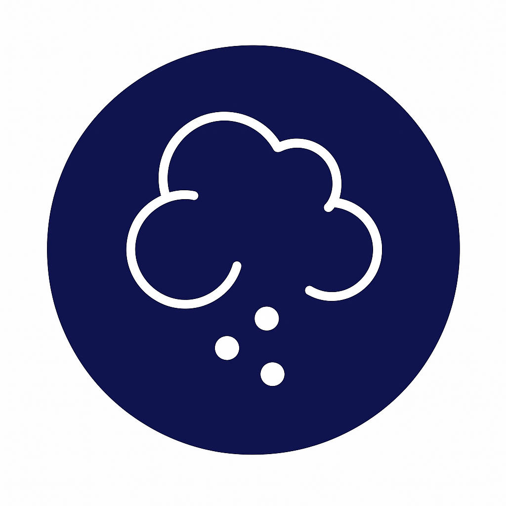 Icono de nube con bolitas cayendo en un círculo azul oscuro.