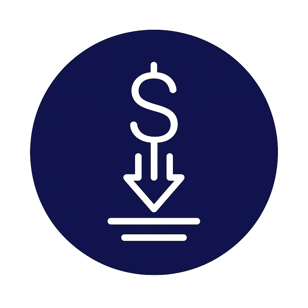 Signo de dólar con flecha hacia abajo, sobre un círculo azul oscuro.