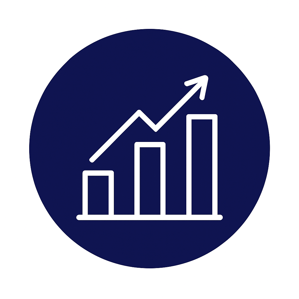 Gráfico de líneas blancas con tendencia ascendente sobre fondo azul.