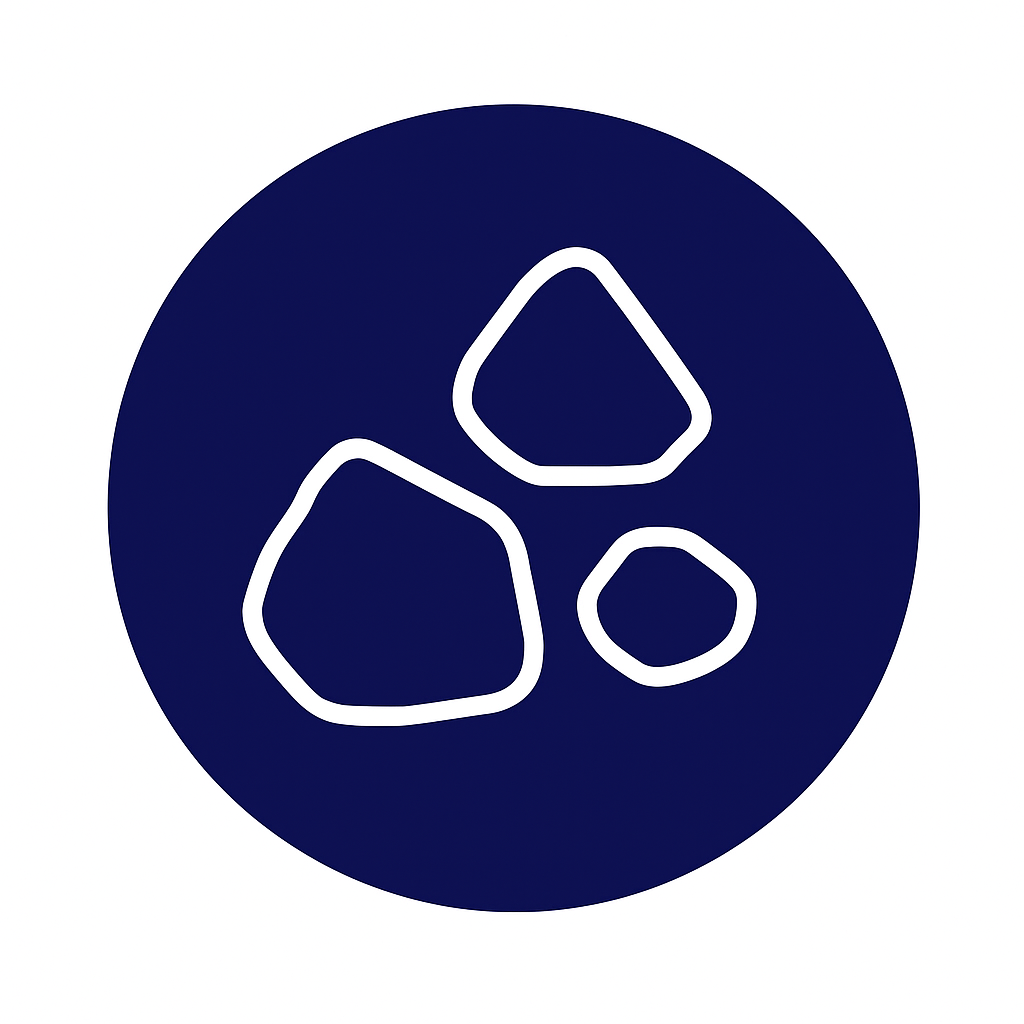 Contorno blanco de tres piedras de forma irregular dentro de un círculo azul oscuro.