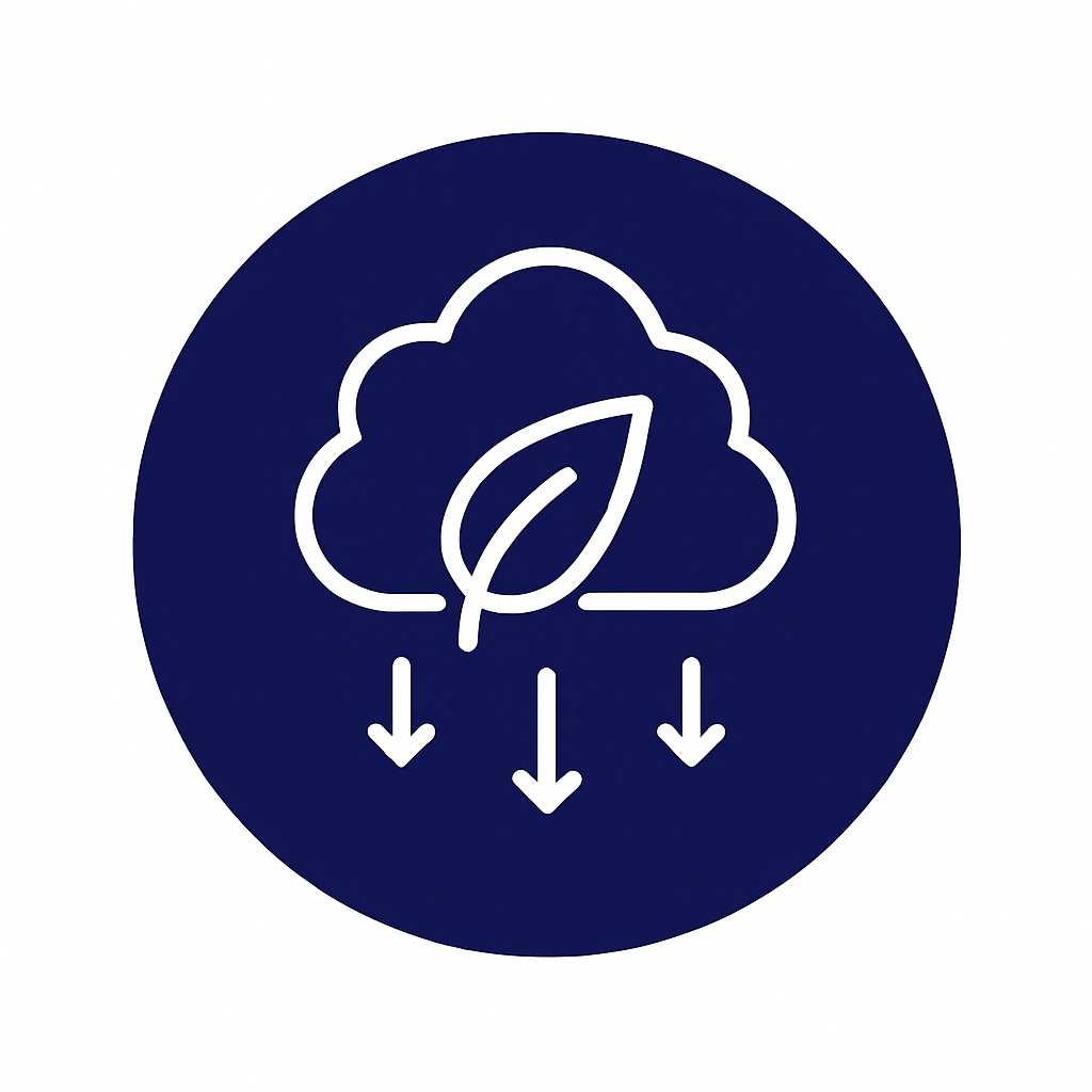 Nube con hojas y flechas hacia abajo, círculo azul oscuro.