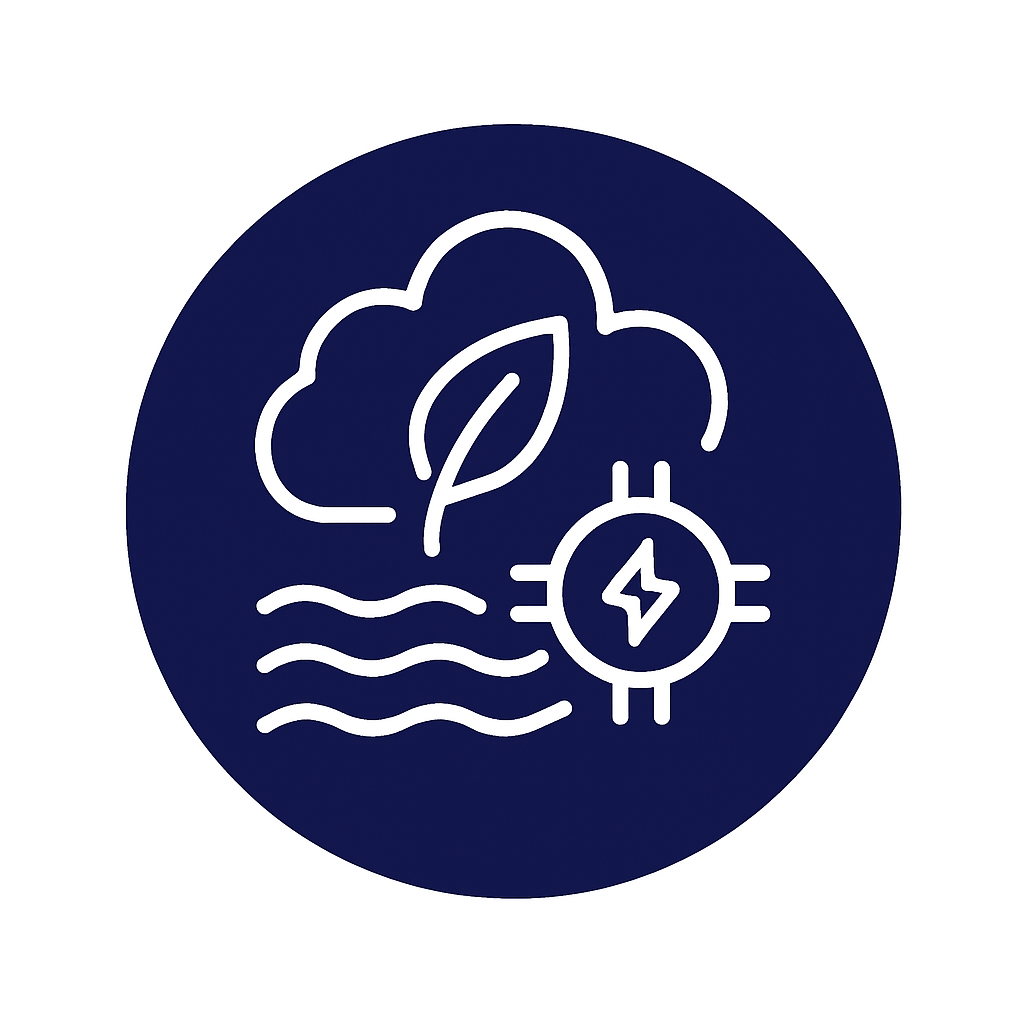 Arte lineal blanco de una nube, una hoja, ondas y un símbolo eléctrico dentro de un círculo azul oscuro.