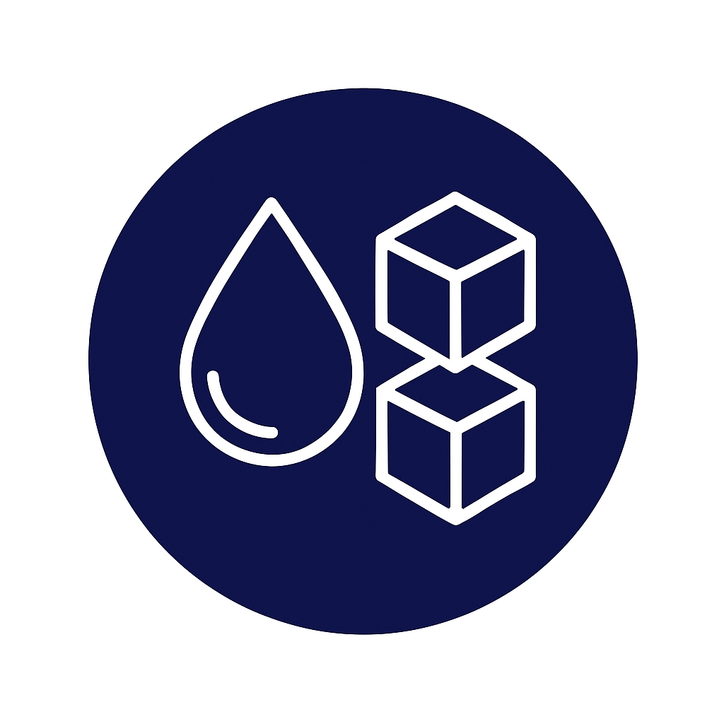 Contorno blanco de una gota de agua y dos cubos de azúcar apilados dentro de un círculo azul marino.