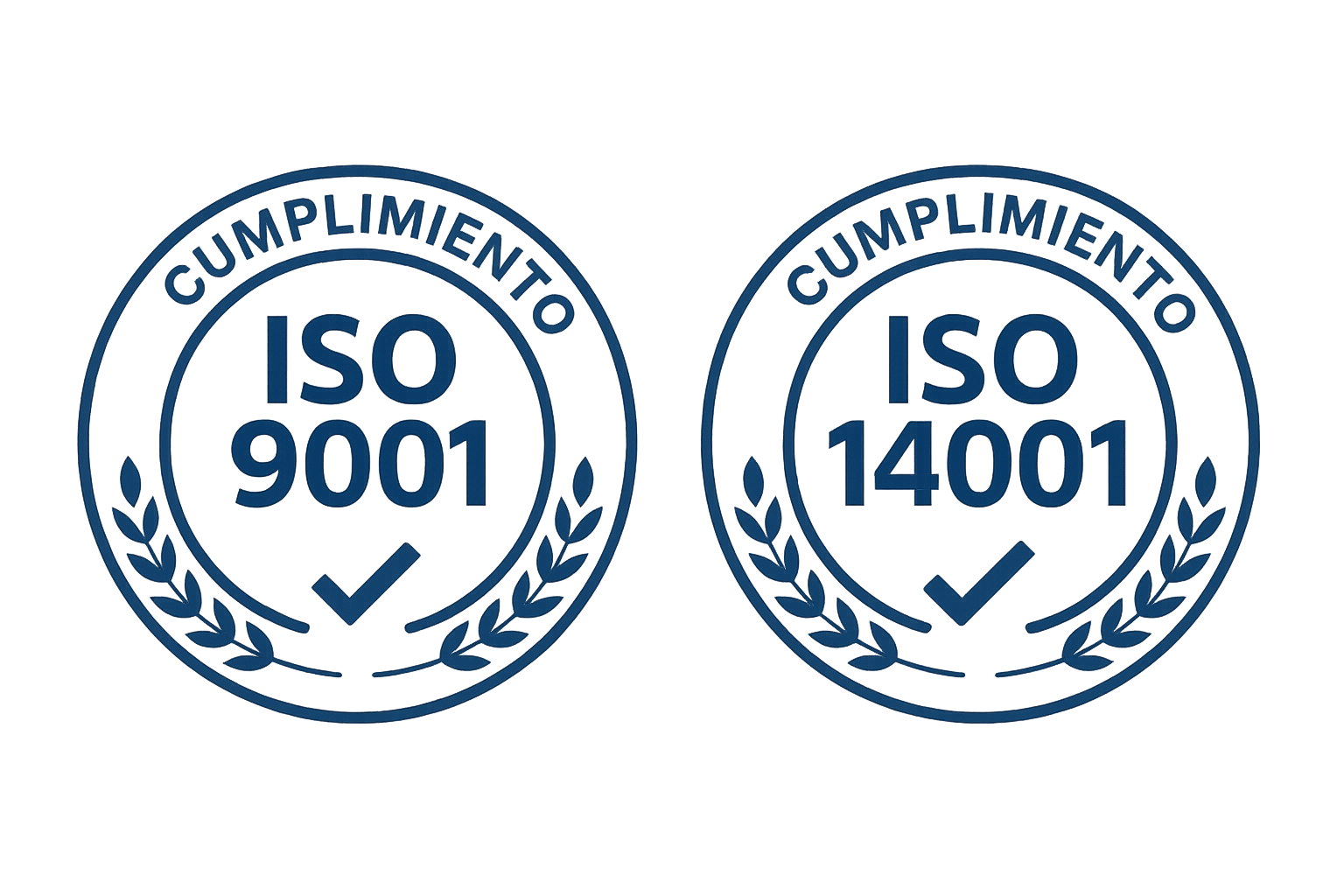 Dos logotipos circulares de certificación ISO: ISO 9001 e ISO 14001, con texto