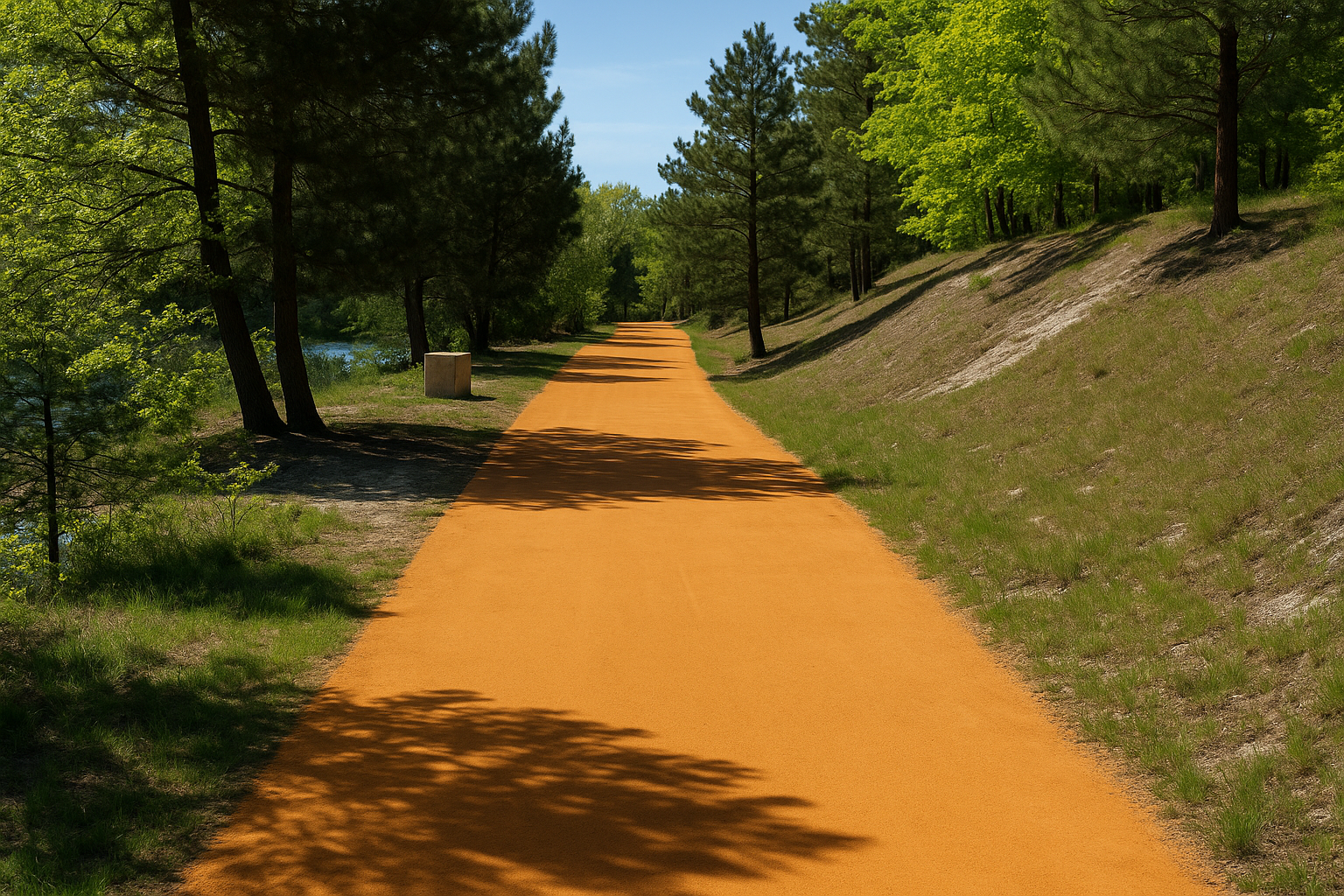 Camino naranja a través de un parque, flanqueado por árboles y vegetación bajo un cielo azul.
