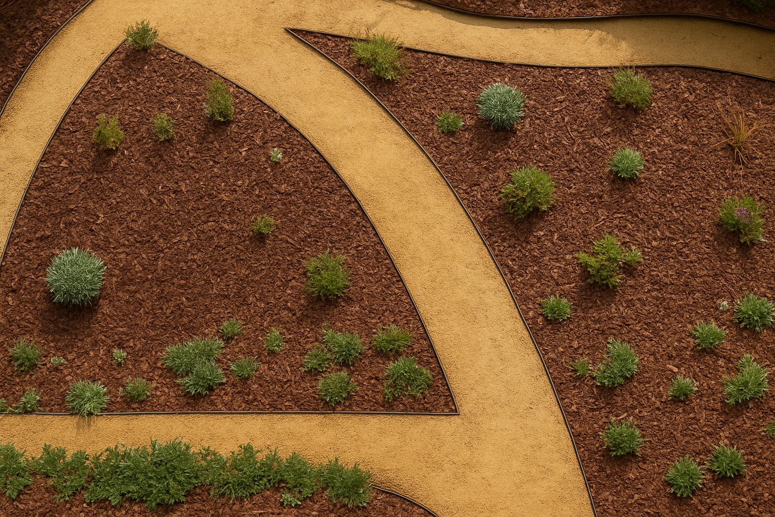 Cama de jardín con mantillo marrón, caminos de grava color canela y pequeñas plantas verdes.