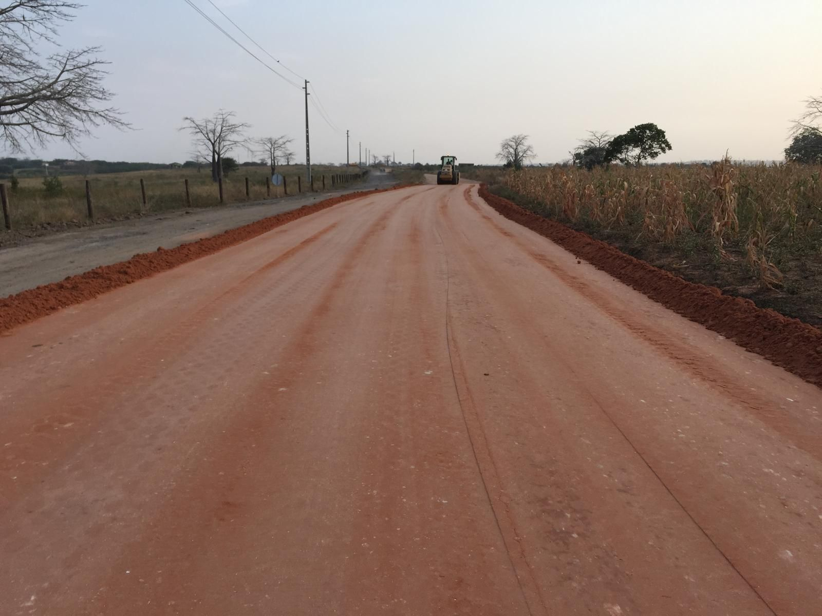 Construcción de carreteras: Rodillo compactando grava. Maquinaria amarilla, cielo azul.