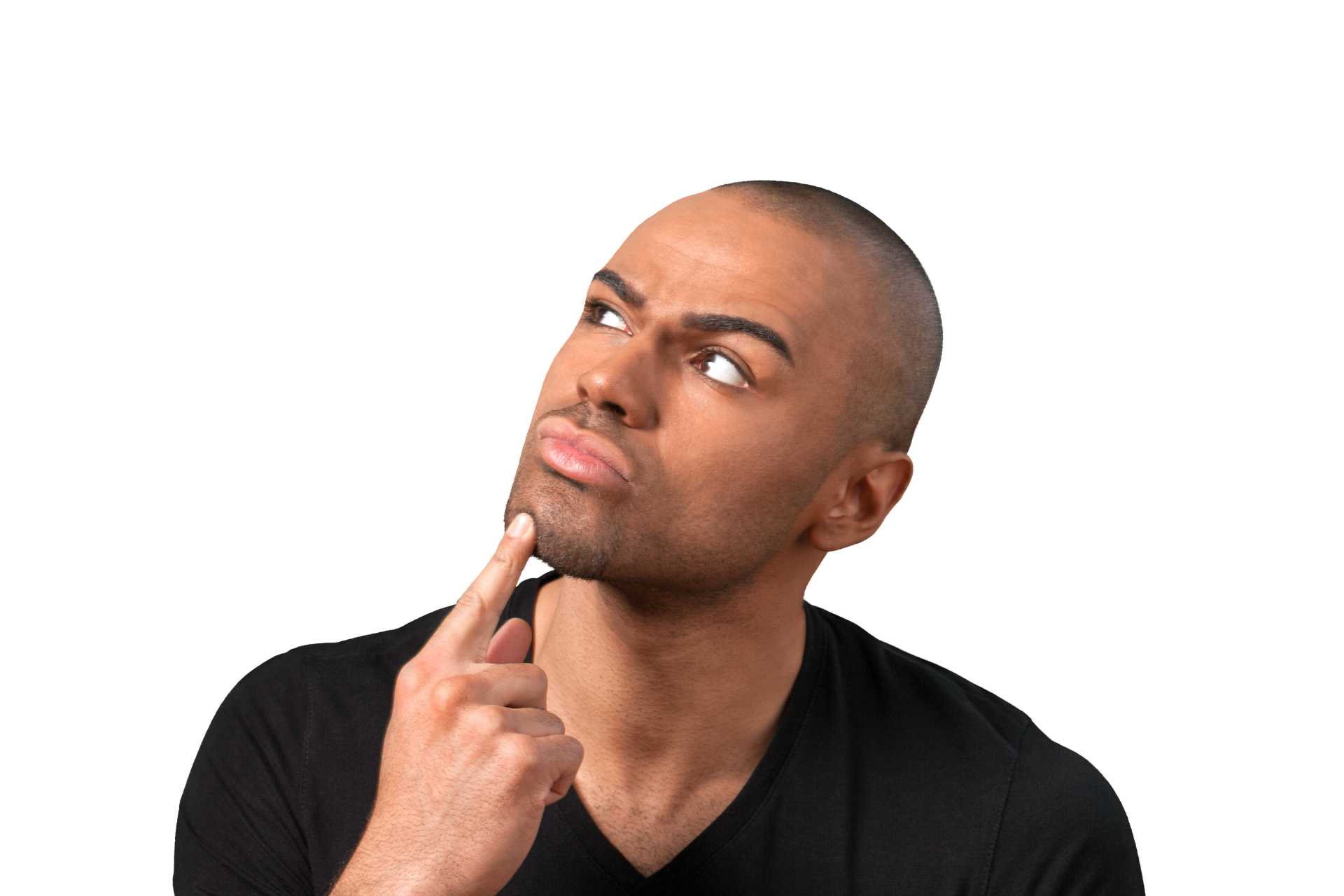 A man in a black shirt is thinking with his finger on his chin.