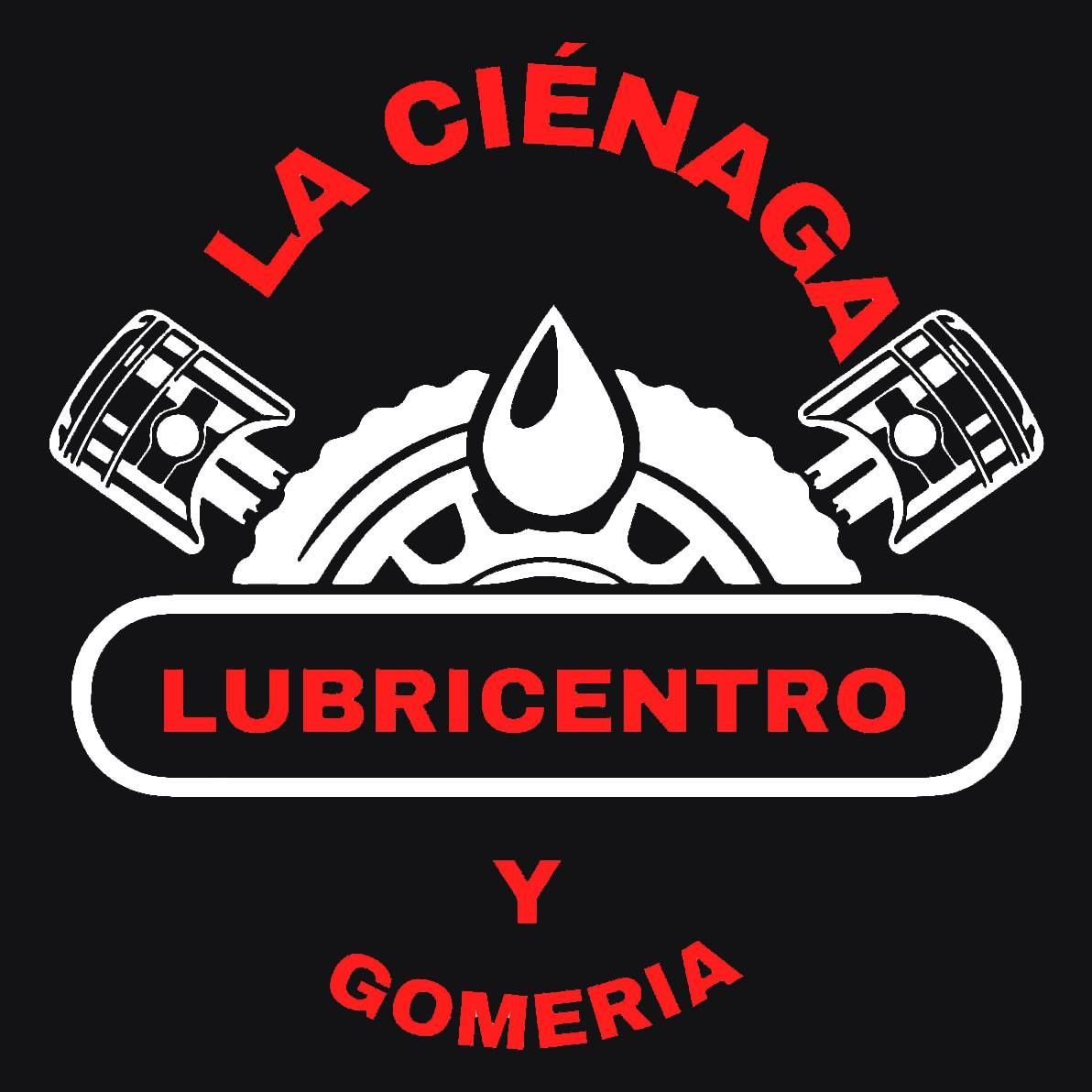 Logotipo de La Ciénaga Lubricentro y Gomería; texto rojo sobre fondo negro. Engranajes, pistones, aceite y una llanta.
