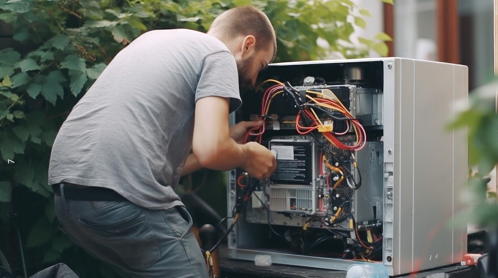 a man is fixing an air conditioner with a screwdriver