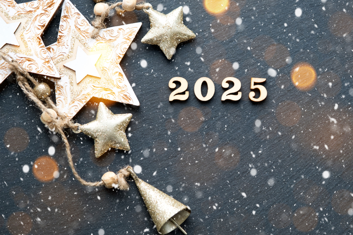 The year 2025 is written in gold letters on a black background with christmas decorations.