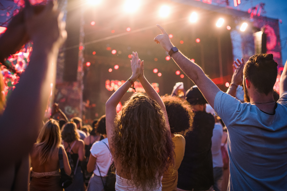 A group of people are dancing at a concert with their arms in the air.