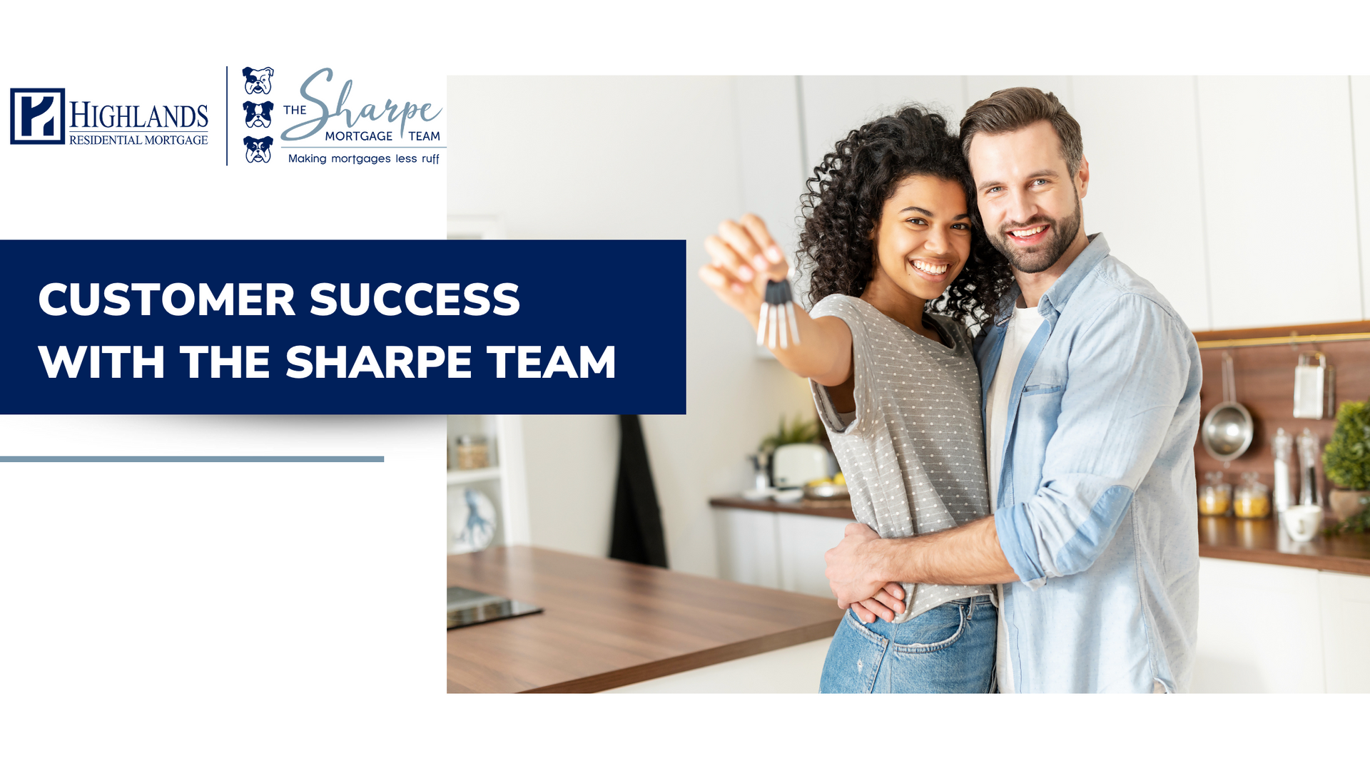 A man and woman standing in a kitchen holding keys