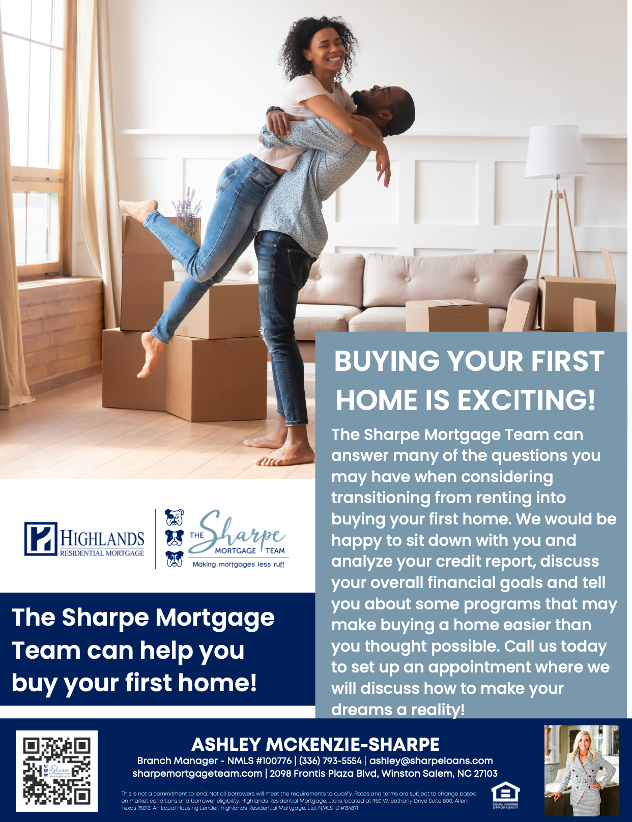An advertisement for the sharpe mortgage company shows a man carrying a woman in his arms