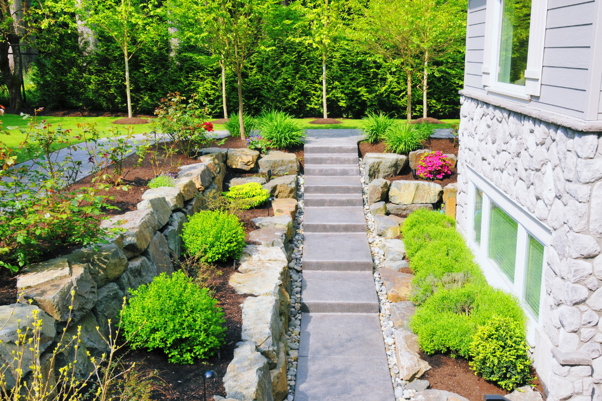 A stone walkway leading to a house surrounded by trees and bushes.