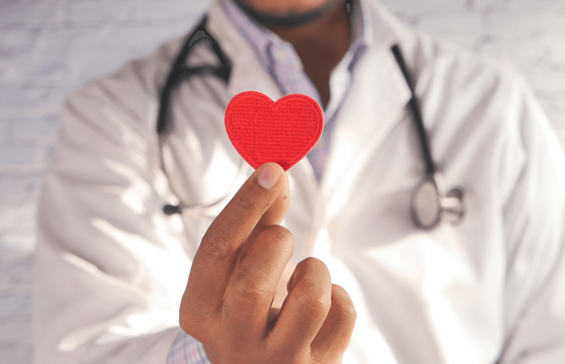 A doctor is holding a red heart in his hand.