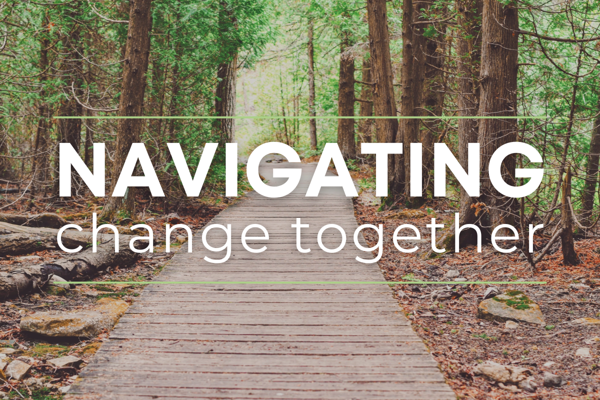 Navigating change together on top of a trail background