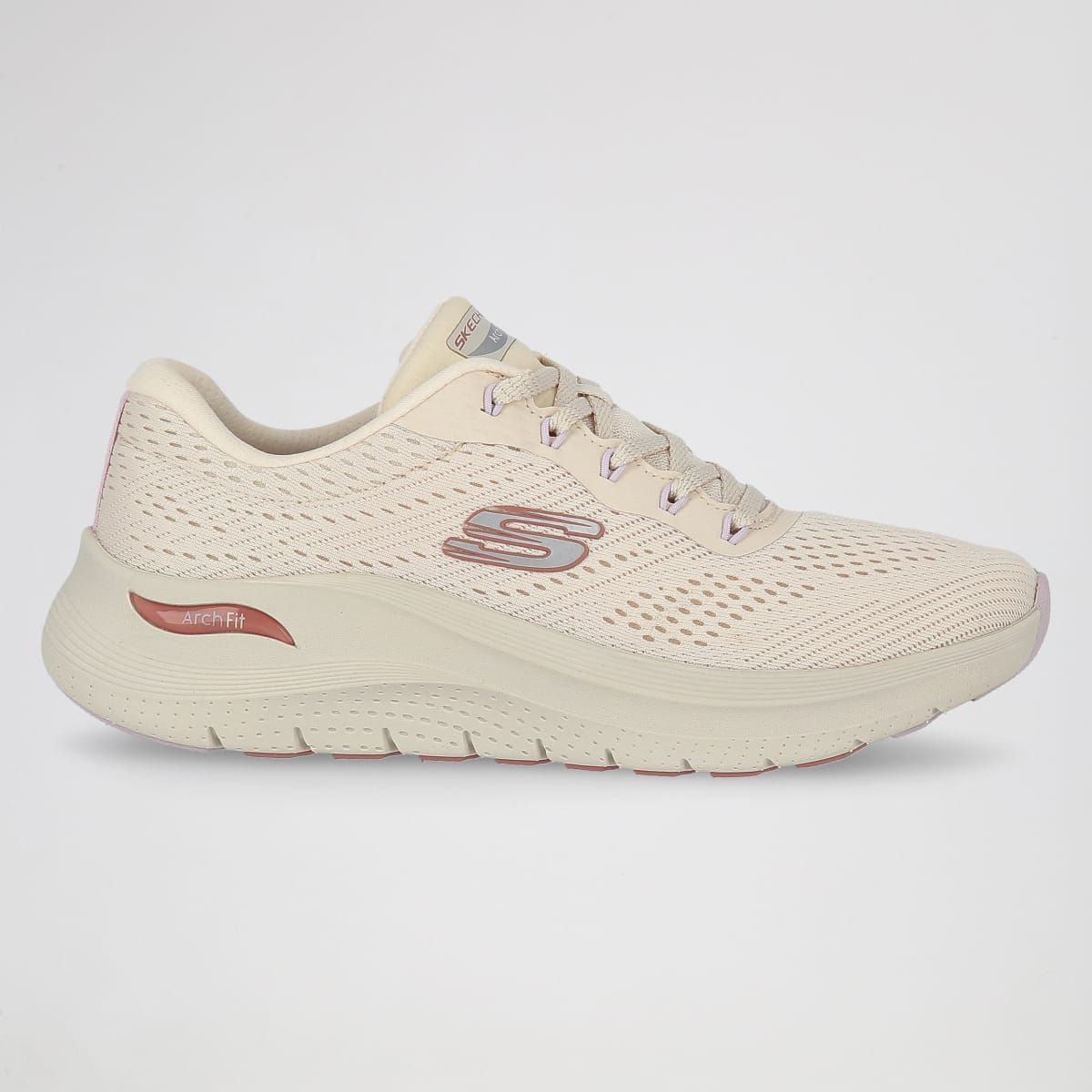 Zapatillas deportivas Skechers color beige con detalles en morado.