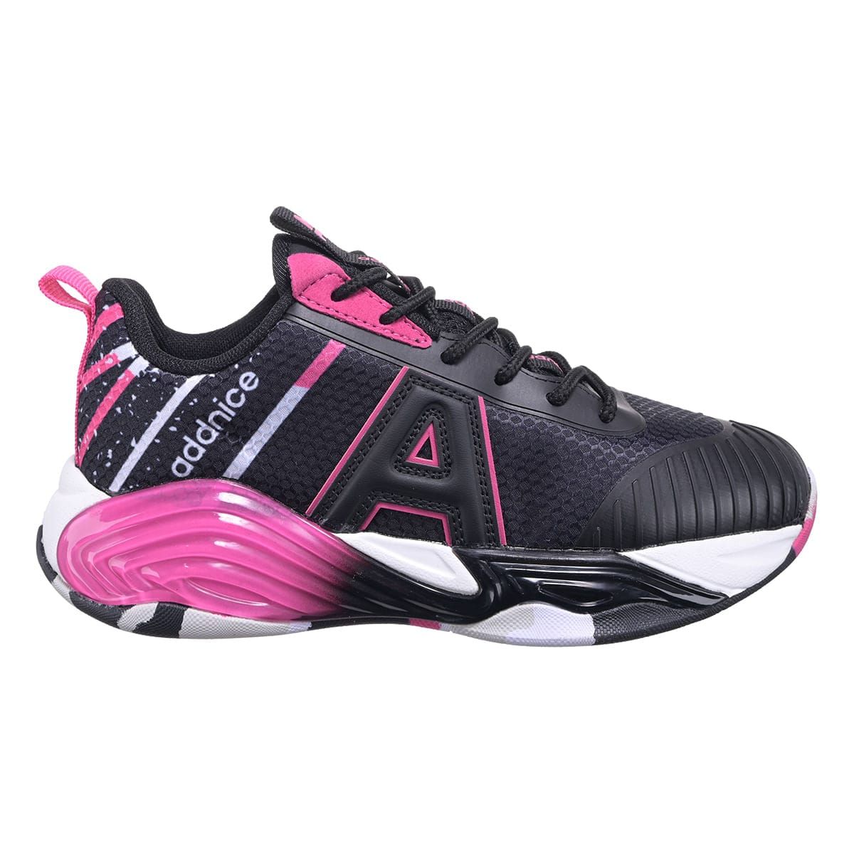 Zapatilla deportiva Addnice en color negro y rosa con suela blanca.