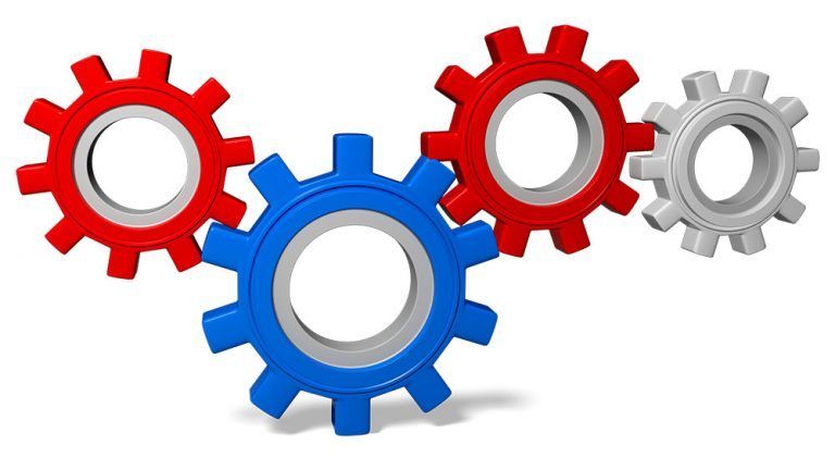 Four interlocking gears in a row, alternating red, blue, red, and silver, set against a plain white background.