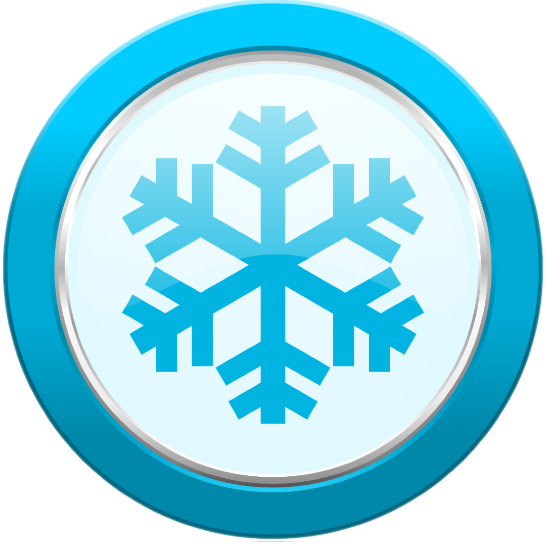 A light blue snowflake icon centered inside a bright blue circular button with a white background and silver trim.