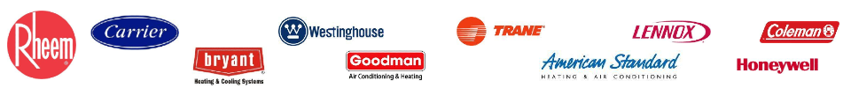 A horizontal row of various HVAC and heating brand logos including Rheem, Carrier, Trane, Lennox, and Honeywell.