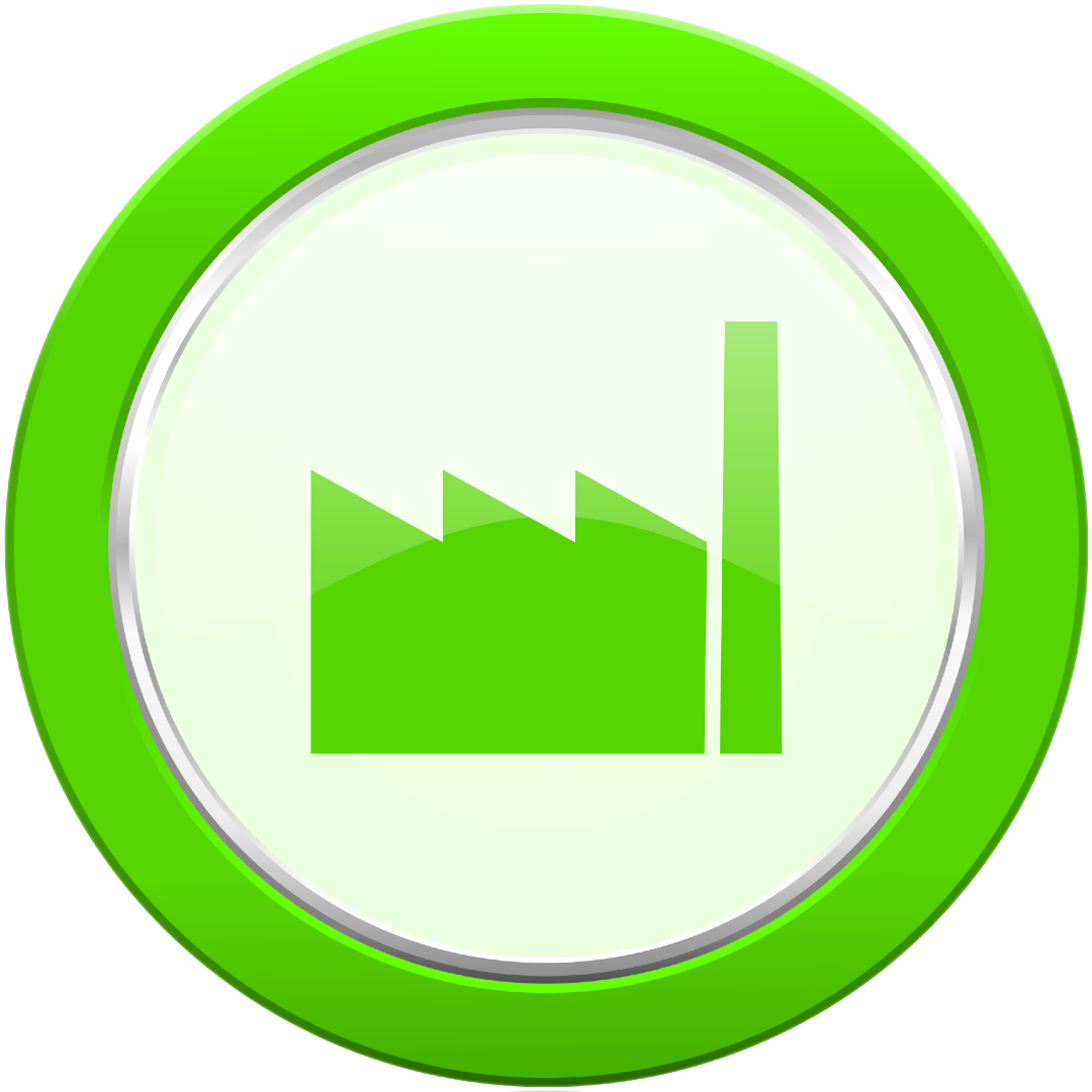 A bright green circular icon featuring a stylized factory silhouette with a smokestack.