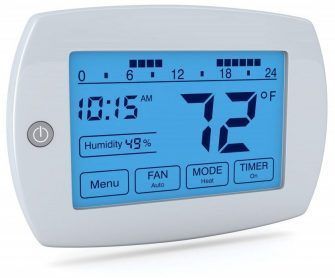 A white, rectangular digital thermostat with a blue backlit screen displaying 72°F, 49% humidity, and a 10:15 AM clock.