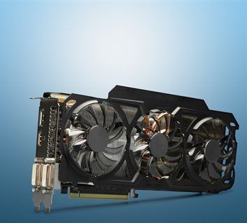 A black triple-fan graphics card shown at an angle against a light blue gradient background.