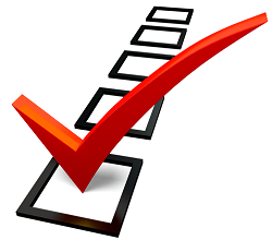 A bright red checkmark rests inside the bottom square of a stack of four empty black-bordered checkboxes.