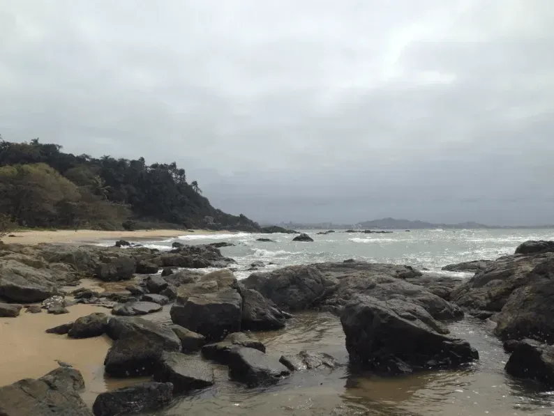 Praia rochosa sob um céu cinzento e nublado. A água bate na costa e uma encosta arborizada se ergue ao fundo.
