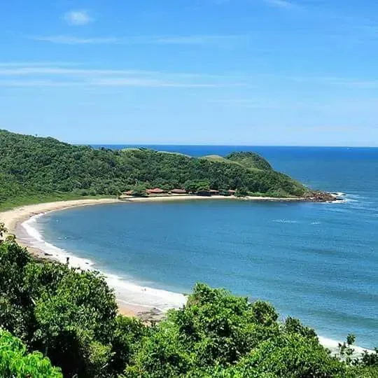 Uma vista panorâmica do litoral com uma praia de areia, água azul e colinas verdejantes sob um céu azul e claro.