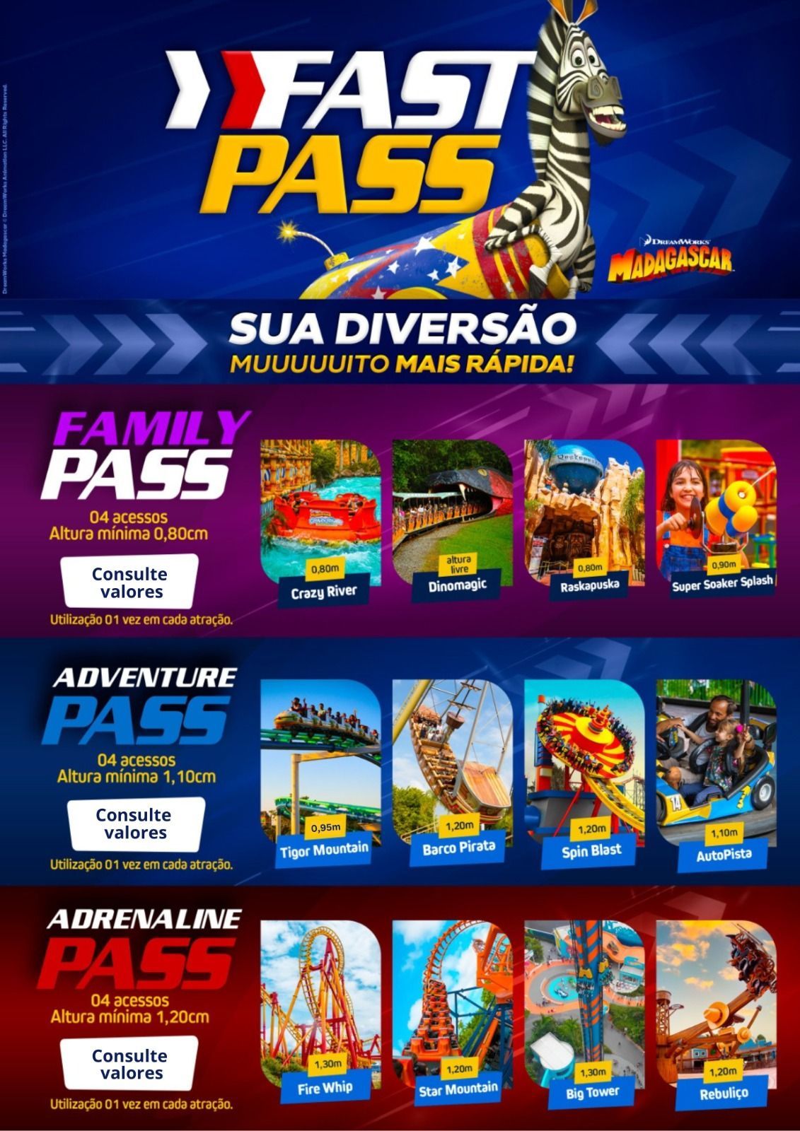 Anúncio de ingressos Fast Pass para um parque temático com diferentes opções de passe. Inclui imagens coloridas e um mascote zebra.