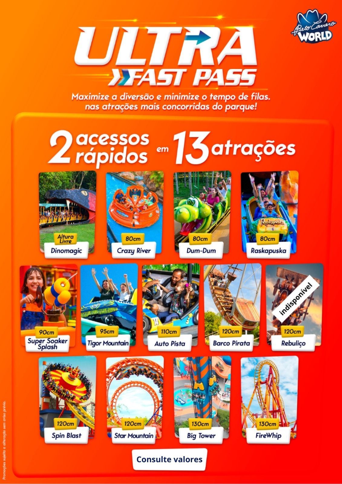 Anúncio do Orange Ultra Fast Pass: oferece dois passes rápidos para 13 atrações do parque.