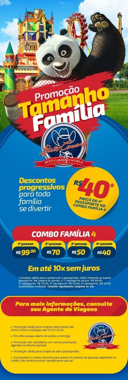 Folheto promocional de desconto para família em um parque, com Po e Mort.